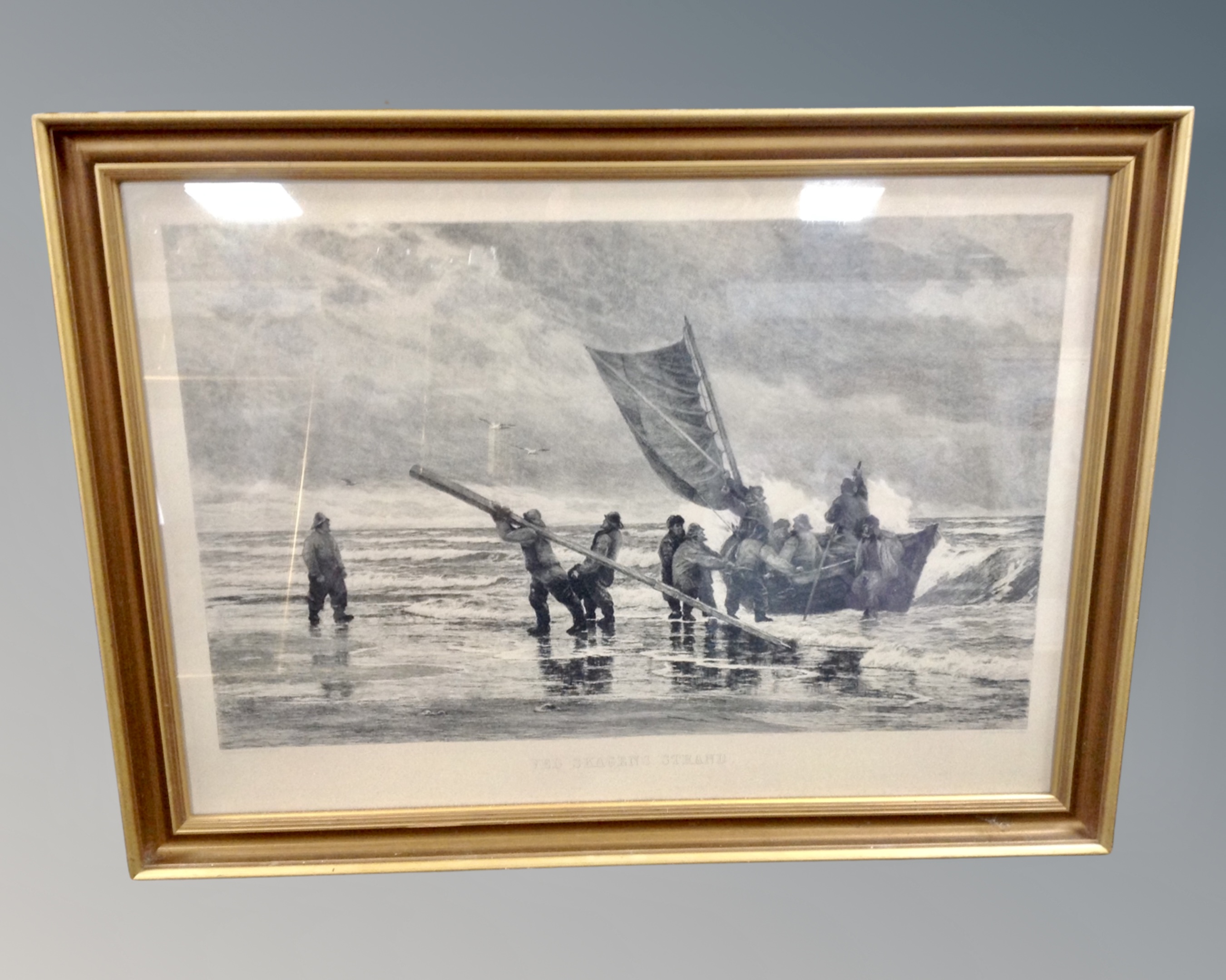 A 19th century monochrome engraving, Ved Skagens Strand, 70cm by 44cm.