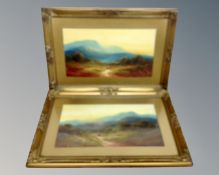A pair of antiquarian oil paintings depicting figures in rural landscapes.
