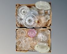 Two boxes containing a large quantity of 20th century clear and coloured pressed glassware.