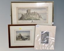 A colour etching of the south west view of Bamburgh castle in hogarth frame together with two