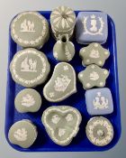 A tray of Wedgwood blue and green Jasperware including dishes, trinket boxes, vase etc.