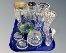 A tray of 20th century glassware including relief paperweights, cut glass vases,
