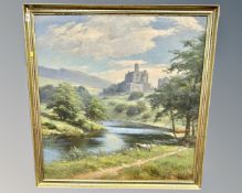 20th century school : Castle within a valley, oil on board, indistinctly signed, 94cm by 91cm.