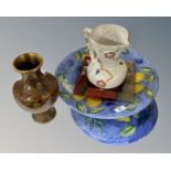 An Arthur Wood lustre ware jug together with a contemporary glass dish, ceramic fruit bowl on stand,