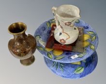 An Arthur Wood lustre ware jug together with a contemporary glass dish, ceramic fruit bowl on stand,