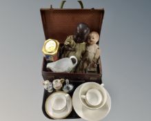 A tray of vintage case containing dolls, tin, Royal Doulton coffee cups and saucers,