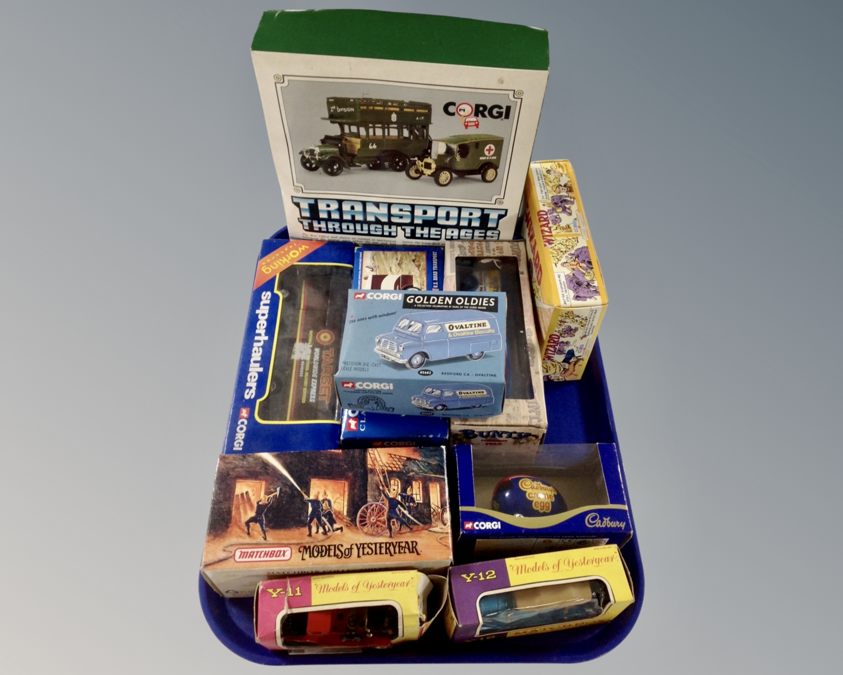 A tray of boxed die cast vehicles including Corgi Transport through the Ages box set,