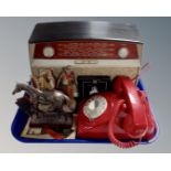 A tray containing vintage Bush Bakelite radio, vintage telephone, figure of Red Rum,