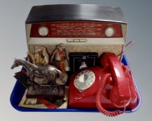 A tray containing vintage Bush Bakelite radio, vintage telephone, figure of Red Rum,