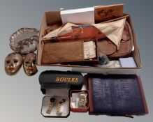 A box containing watch sets, Beules brass masks, a plated tray etc.