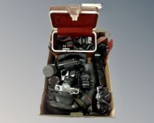 A box of two camera bags containing Pentax and Olympus cameras, Minolta flash,
