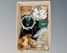 A box of antique and later glass ware, tin of buttons, Jerusalem wooden trinket box,