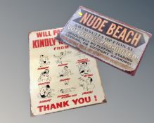 Two contemporary tin signs, nudist beach and swimming pool notice.