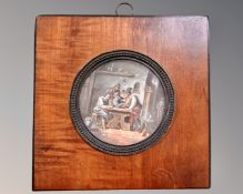 A Continental miniature depicting a tavern scene in square frame, overal 15 cm x 15 cm.