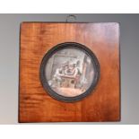 A Continental miniature depicting a tavern scene in square frame, overal 15 cm x 15 cm.