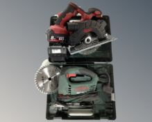 A Milwaukee Red Lithium-ion electric handsaw with battery,