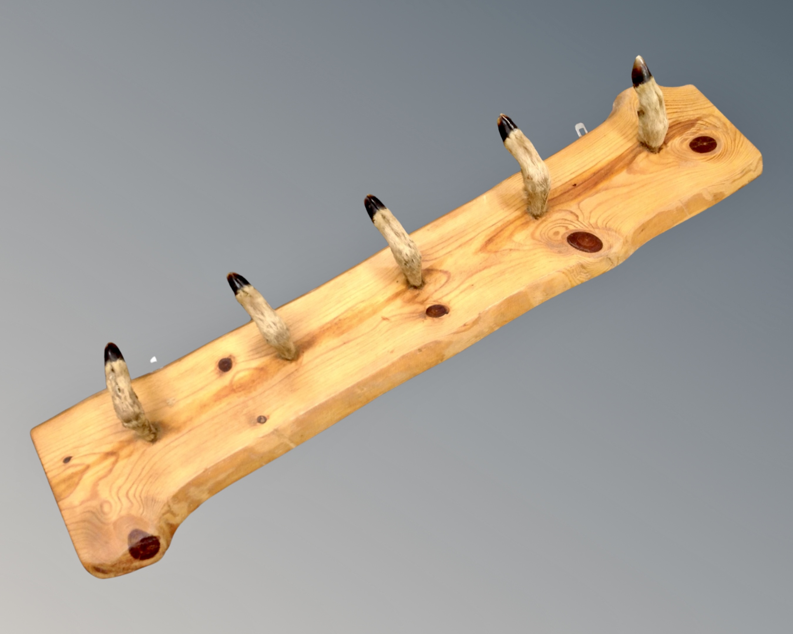 A rustic pine and taxidermy coat rack with five deers hoof hooks.