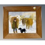 Chris Patterson : A Lady with Horse, Cows and Labrador in a Snowy Field, oil on board, signed,