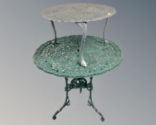A cast metal decorative patio table and similar occasional table