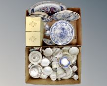 Two boxes of antique and later ceramics to include 19th century plates, Coalport figures,