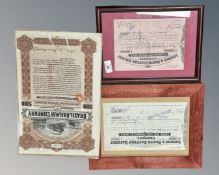 Three railway share certificates, Brazil 1902, LNER 1925 and LNER 1929.