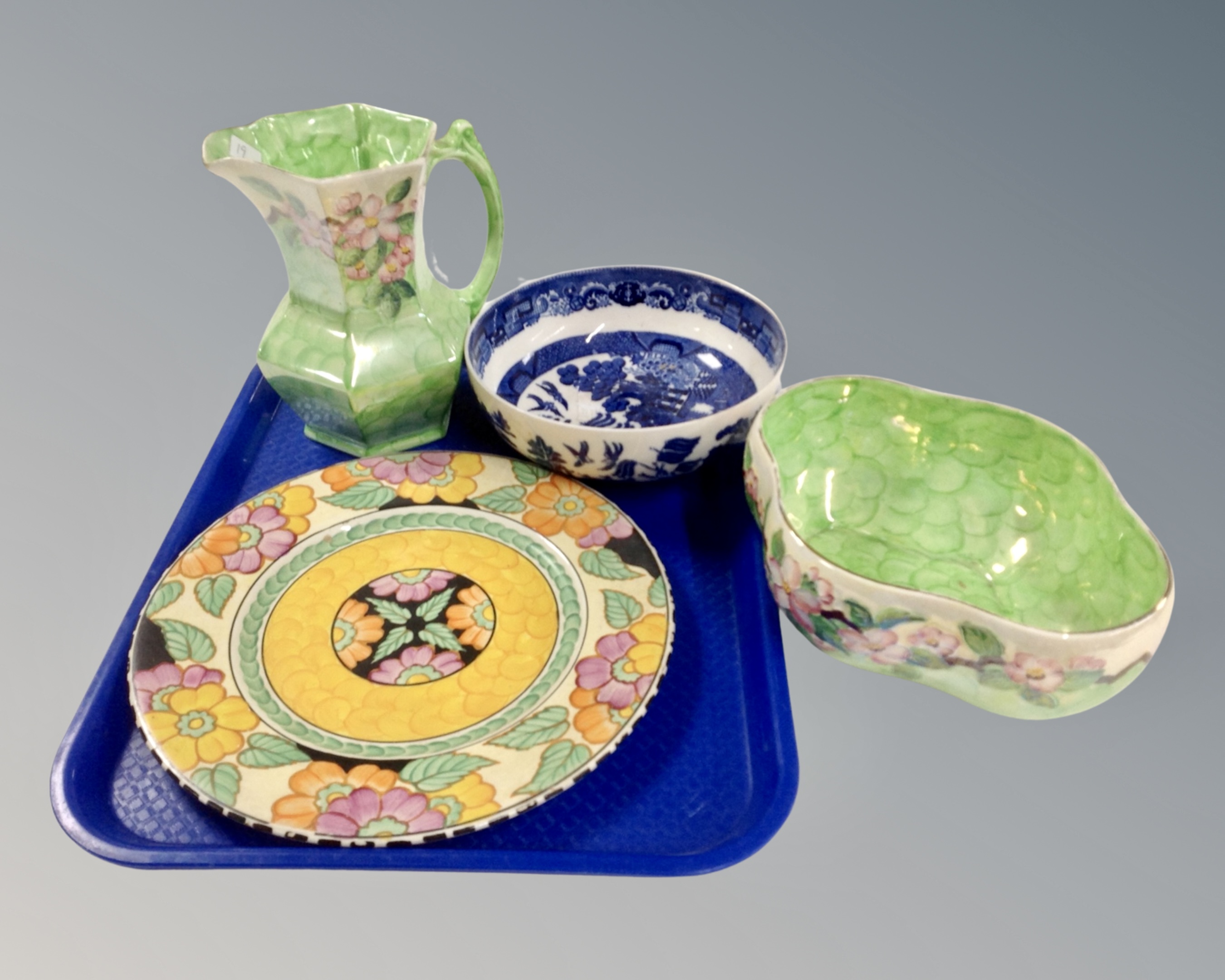 A tray containing two pieces of Maling green lustre ware together with a Spode blue and white fruit