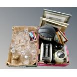 Two boxes containing pictures and prints, kitchen electricals including kettle and toaster,