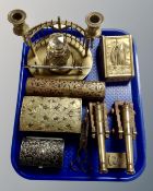 A tray containing a pair of brass cannons, trinket boxes, vesta case,