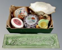 A box containing an Oriental jardiniere, glazed pottery wall panel, vases etc.