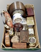 A box containing wooden table boxes, tea caddies, mantel clocks, carriage clocks etc.