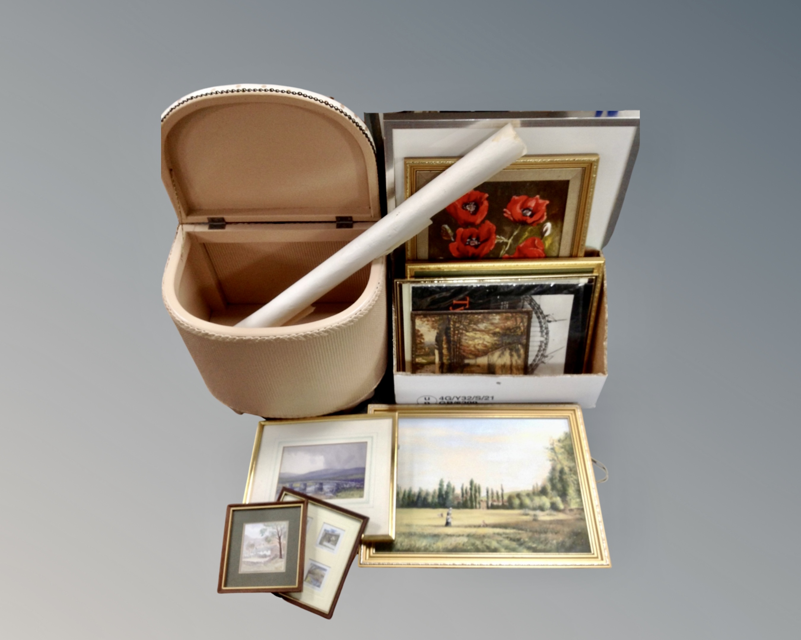 A loom basket stool together with a box containing pictures and prints, a rolled map of Berwick etc.