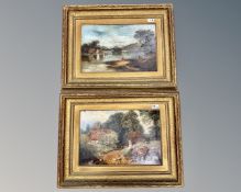 Nineteenth Century English School : Two Figures by a Lake with Rowing Boat and Dwelling Beyond,