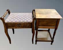 A 20th century sewing box on raised legs together with a beechwood storage piano stool.
