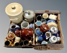 Two boxes containing pottery and stoneware, a large pottery bread bin, Denby glazed stoneware etc.