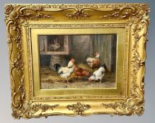Edgar Hunt (1876-1953) : Study with Four Chickens in a Yard and a Rabbit in Hutch, oil on canvas,