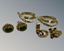 Three pairs of 9ct gold earrings, examples in two-tone gold, pair set with rubies etc, gross 7g.