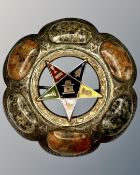 A high quality silver agate brooch with Masonic emblem, diameter 5cm.