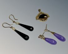 A yellow gold agate fob together with two pairs of earrings, amethyst and agate, set with pearls.