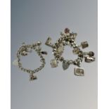 Two silver charm bracelets, 170g.