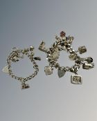 Two silver charm bracelets, 170g.