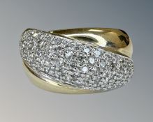 A 9ct gold ring set with approximately 55 diamonds (12.5g), size U.