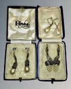 Two pairs of antique silver marcasite earrings and a further pair of yellow gold mounted earrings.