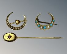 Two 15ct gold brooches and a further 15ct gold pin.