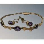 An early 20th century yellow gold bracelet set with amethyst, together with the matching earrings,