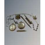 Two silver propelling pencils, together with a tooth pick, silver compact, Swiss travel clock,