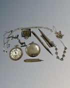 Two silver propelling pencils, together with a tooth pick, silver compact, Swiss travel clock,