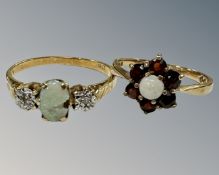 A 9ct yellow gold opal and garnet cluster ring, L, 1.
