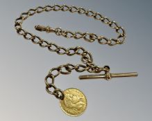 A 9ct yellow gold Albert chain with solid links and 9ct gold T-bar, length 35 cm,