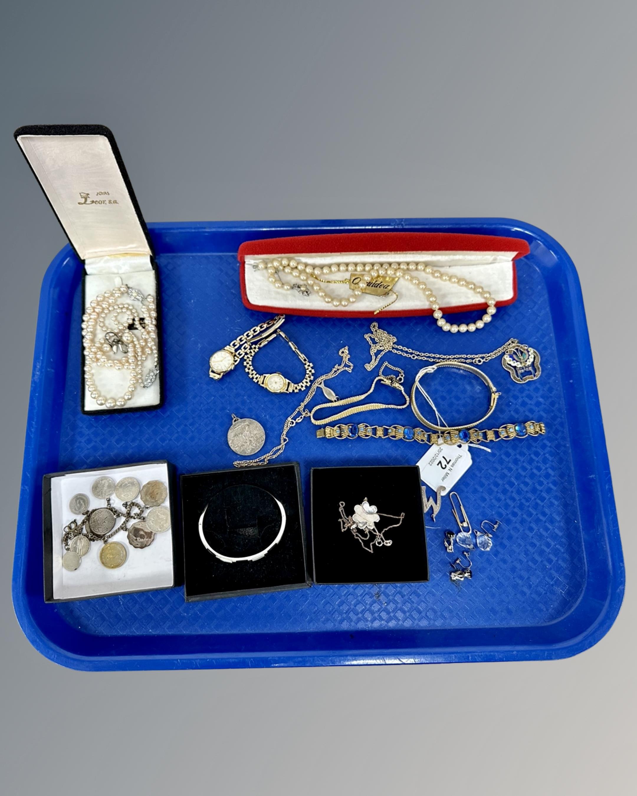 A collection of costume jewellery, gold plated wrist watches, continental coin bracelet,