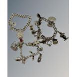 Three silver charm bracelets, 115g.